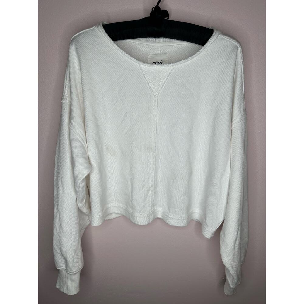 Aerie White Long Sleeve Oversized Cropped Shirt